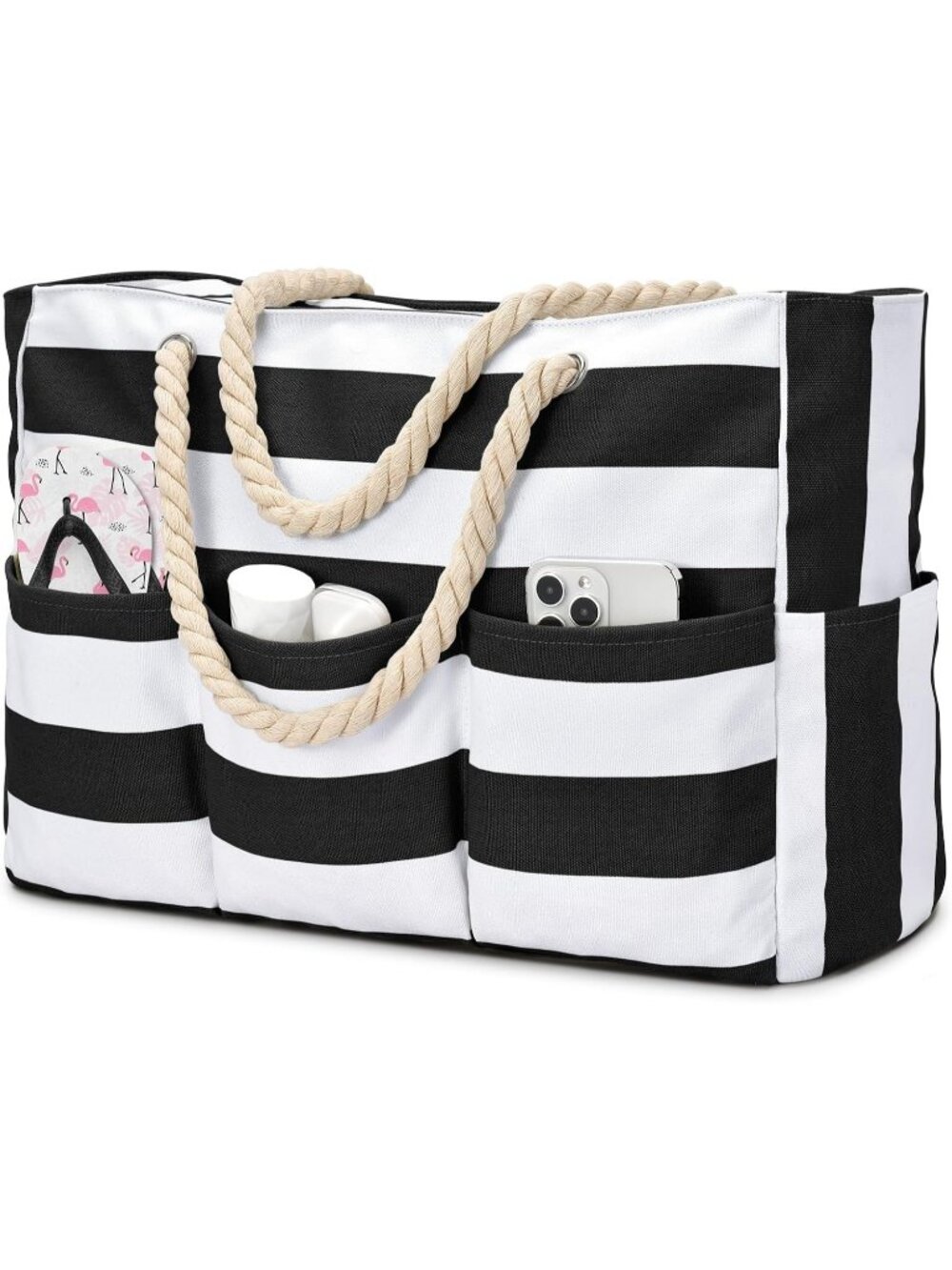 Women's Black Large Canvas Beach Tote Waterproof Sandproof Foldable Bag